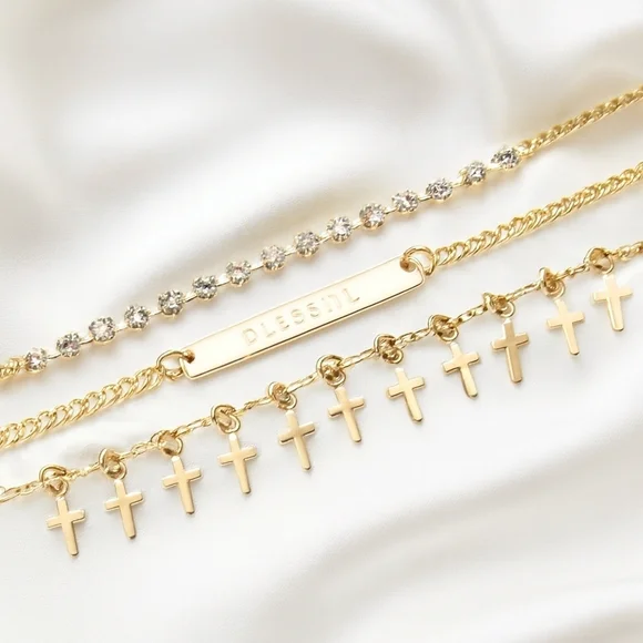 Layered Gold Cross Necklace Set – Blessed Faith Charm & Crystal Pendant Jewelry - Picture 1 of 9